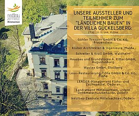 Foto zeigt eine Außenansicht der Villa Gückelsberg aus der Luft - kombiniert mit Nestbau-Logo und einer Übersicht der Aussteller für die Veranstaltung "ländliches Bauen".