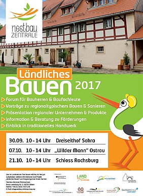 Foto zeigt ein Plakat der Nestbau-Zentrale Mittelsachsen für die Veranstaltungsreihe "ländliches Bauen" 2017 mit Angabe der einzelnen Veranstaltungsorte. 