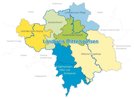 Überblick LEADER Regionen im Landkkreis Mittelsachsen, farbige Karte, Grafik