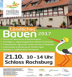 Plakat für die Veranstaltungsreihe "ländliches Bauen" der Nestbau-Zentrale Mittelsachsen. Hinweisschild für Event auf dem Schloss Rochsburg im Jahr 2017.