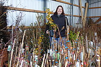 Katharina Friebe steht inmitten ihrer vielen angepflanzten Bäume-