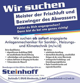 Stellenanzeiger Anlagenmechaniker (m/w/d) für Sanitär-, Heizungs- und Klimatechnik Steinhoff