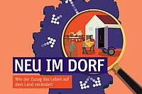 Plakat mit Deutschlandkarte und text: Neu im Dorf, Wie der Zuzug das leben auf dem Land verändert.